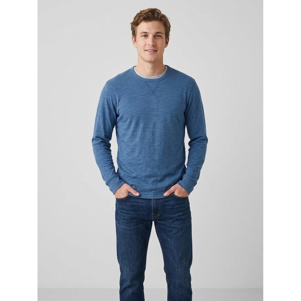 Faherty Sunwashed Organic Cotton Long Sleeve Slub Tee Blue Mens Large V-Stitch